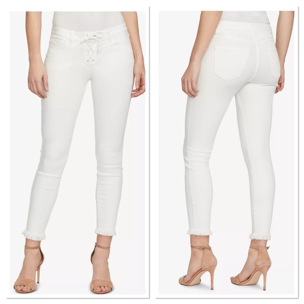 WILLIAM RAST Ankle Lace-Up Skinny Raw Hem Jean Sz 31 Junior Cotton Blend White